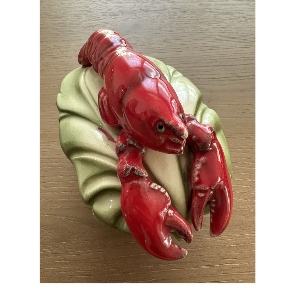 California Pottery Shack Ceramic Lobster Leaf Covered Dish Red Green Glossy